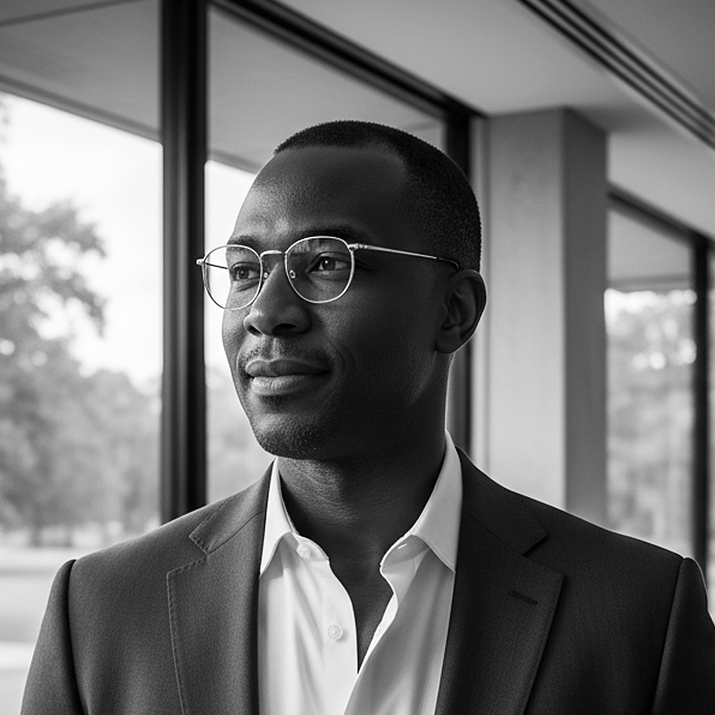 A professional man wearing glasses and a suit looking out of a window.
