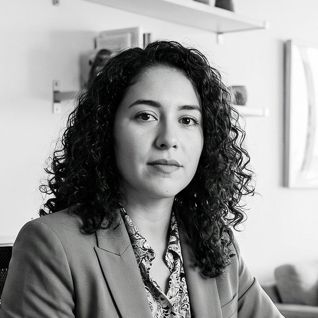Black and white photo of a woman with curly hair wearing a blazer, sitting in an office or professional setting.