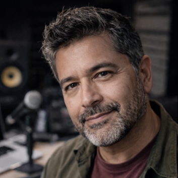 A man with dark curly hair and a beard in a recording studio, smiling at the camera.