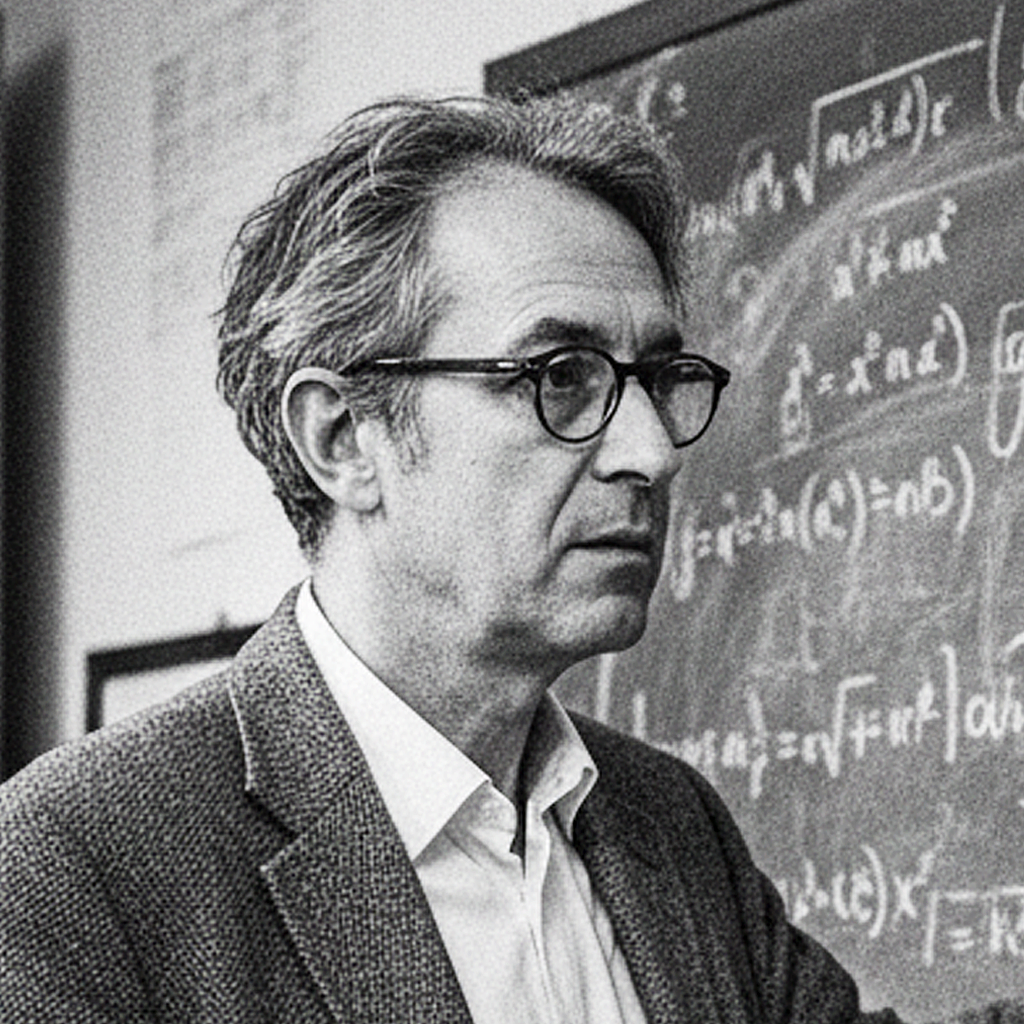Black and white photo of a middle-aged man with glasses, standing in front of a chalkboard filled with mathematical equations, likely a professor or scientist.