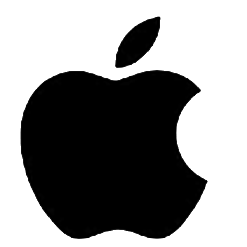 Black silhouette of an apple with a missing bite and a leaf on top.