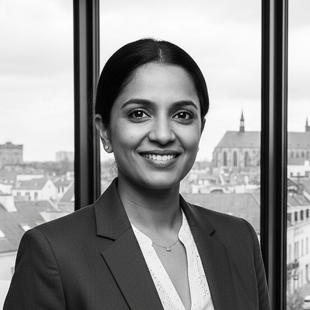 Black and white portrait of a woman in a business suit smiling in front of a large window with an urban cityscape background.