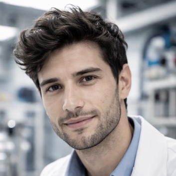 Portrait of a young male scientist or researcher in a laboratory setting.