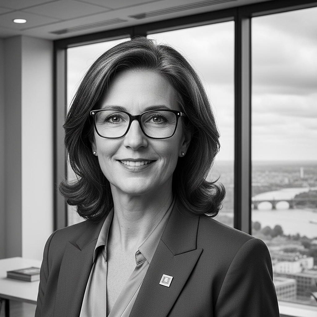 A professional woman smiling, wearing glasses and a suit, in a modern office with city view through large windows.