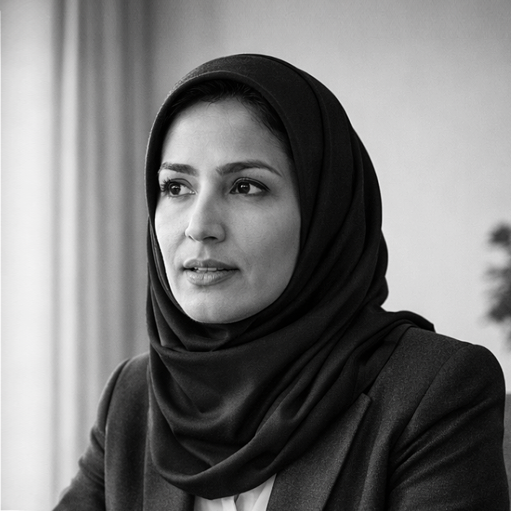 A woman wearing a headscarf and blazer, looking to the side in an indoor setting.