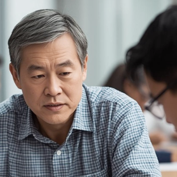 An older man with gray hair looking down thoughtfully, wearing a blue checkered shirt, in a classroom or meeting room setting.