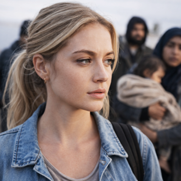 A young woman with blonde hair and a denim jacket standing outdoors with a group of diverse people in the background.