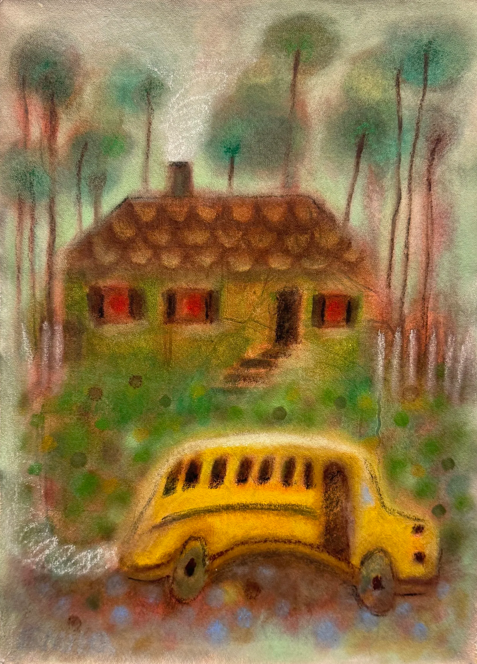 Memory of Lancelot Drive (2026)  20x15 Oil, Pastel, Charcoal, Raw Canvas