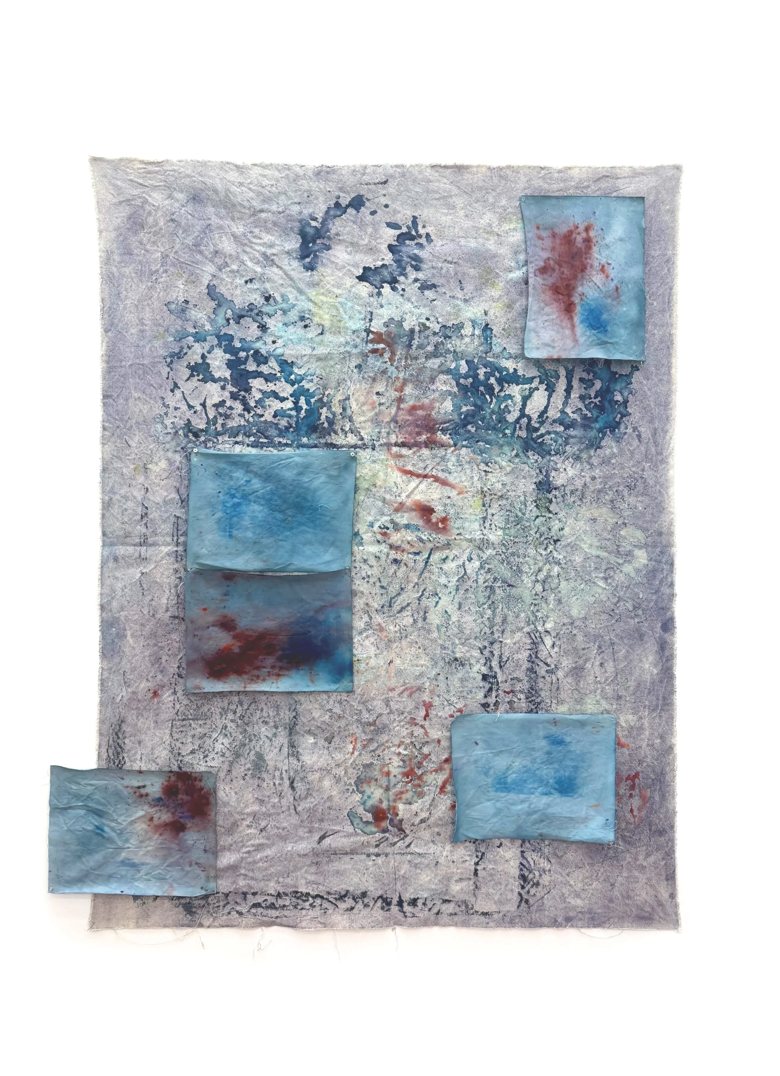 "5804 Fragmented" (2025) 48x36 cyanotype, loose pigment, bleach, metal clasps