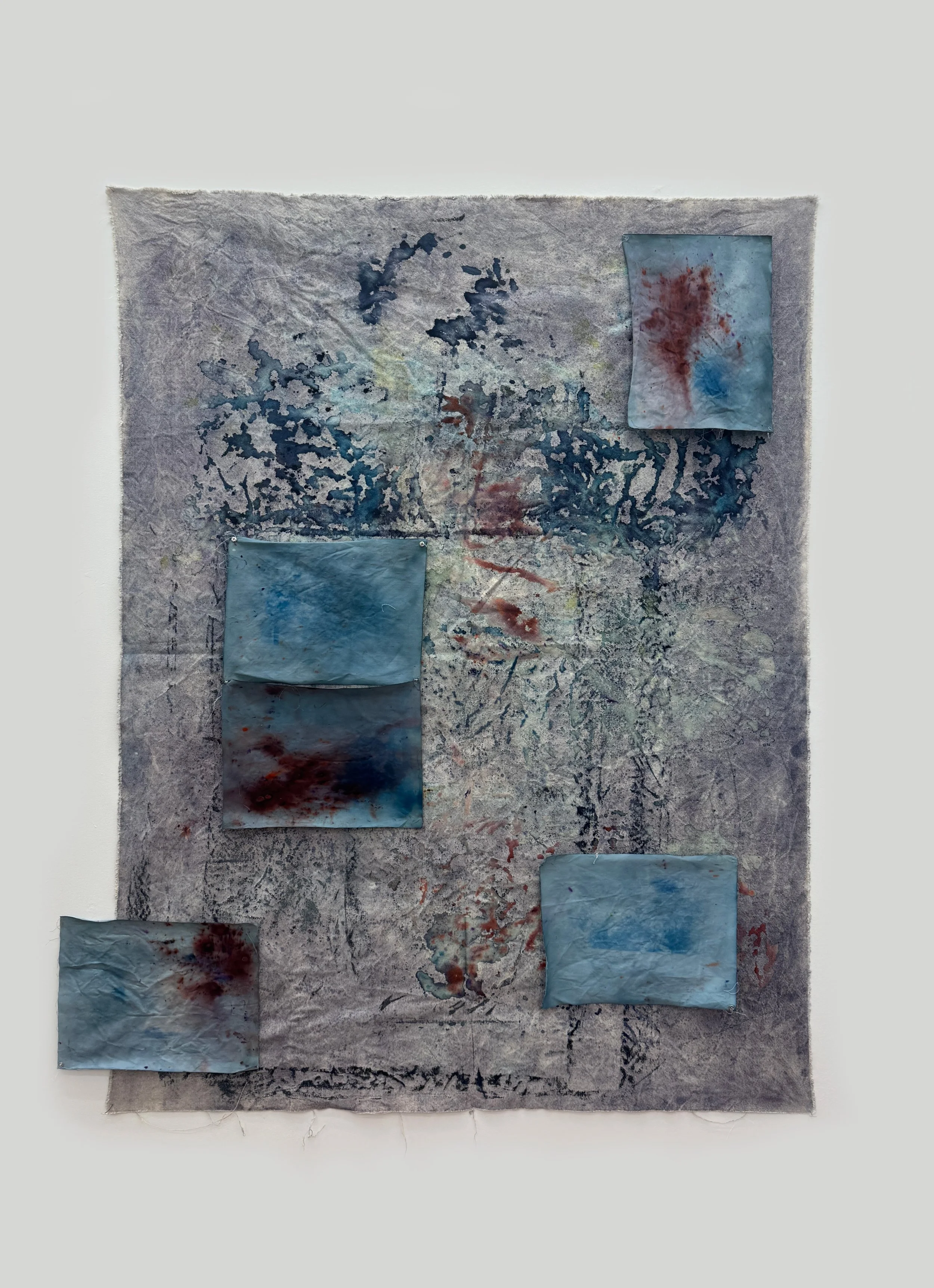 "5804 Fragmented" (2025) 48x36 cyanotype, loose pigment, bleach, metal clasps