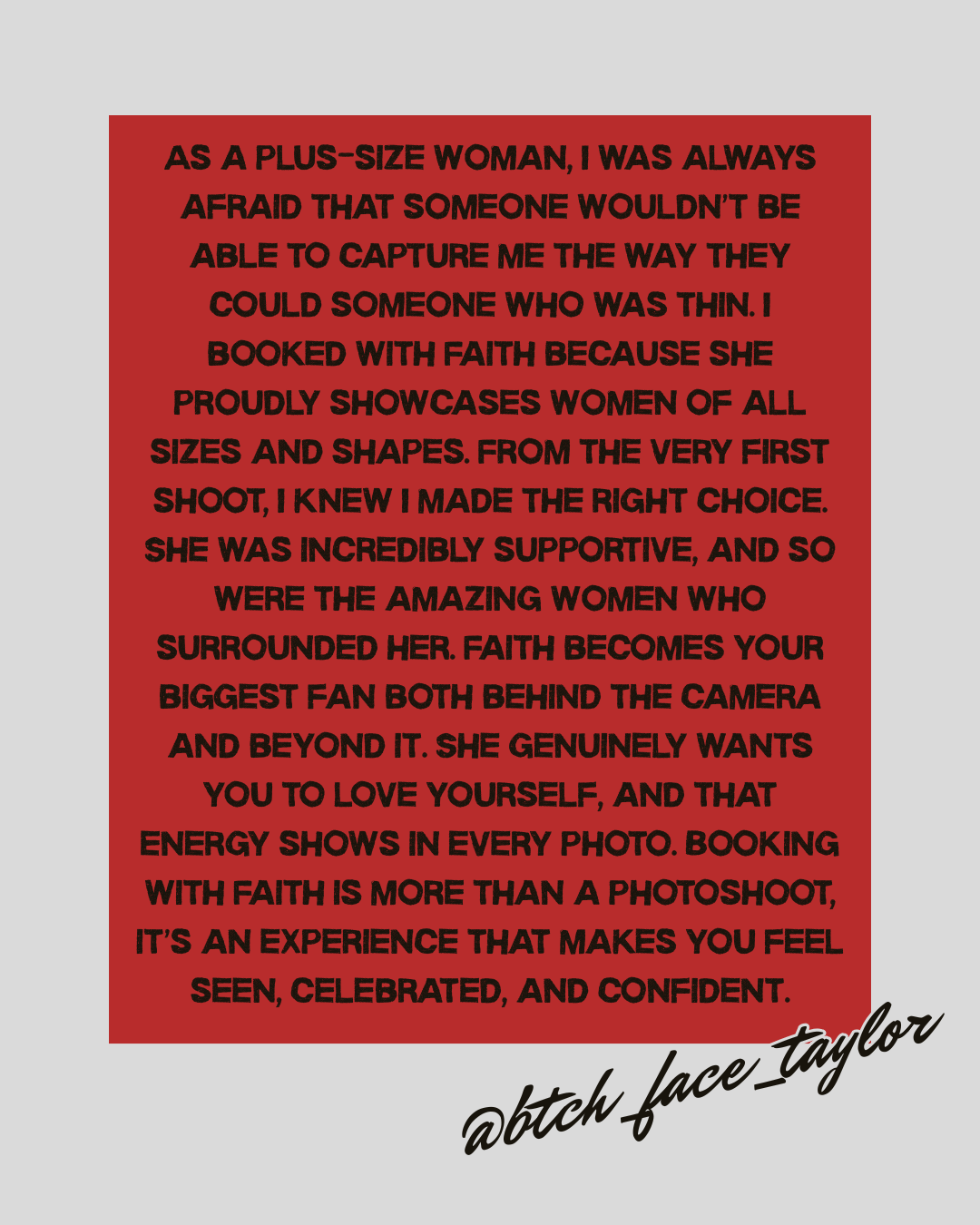 Quote on red background about positive body image and self-love by @bitch_face_taylor, highlighting support from women and the importance of confidence in modeling.