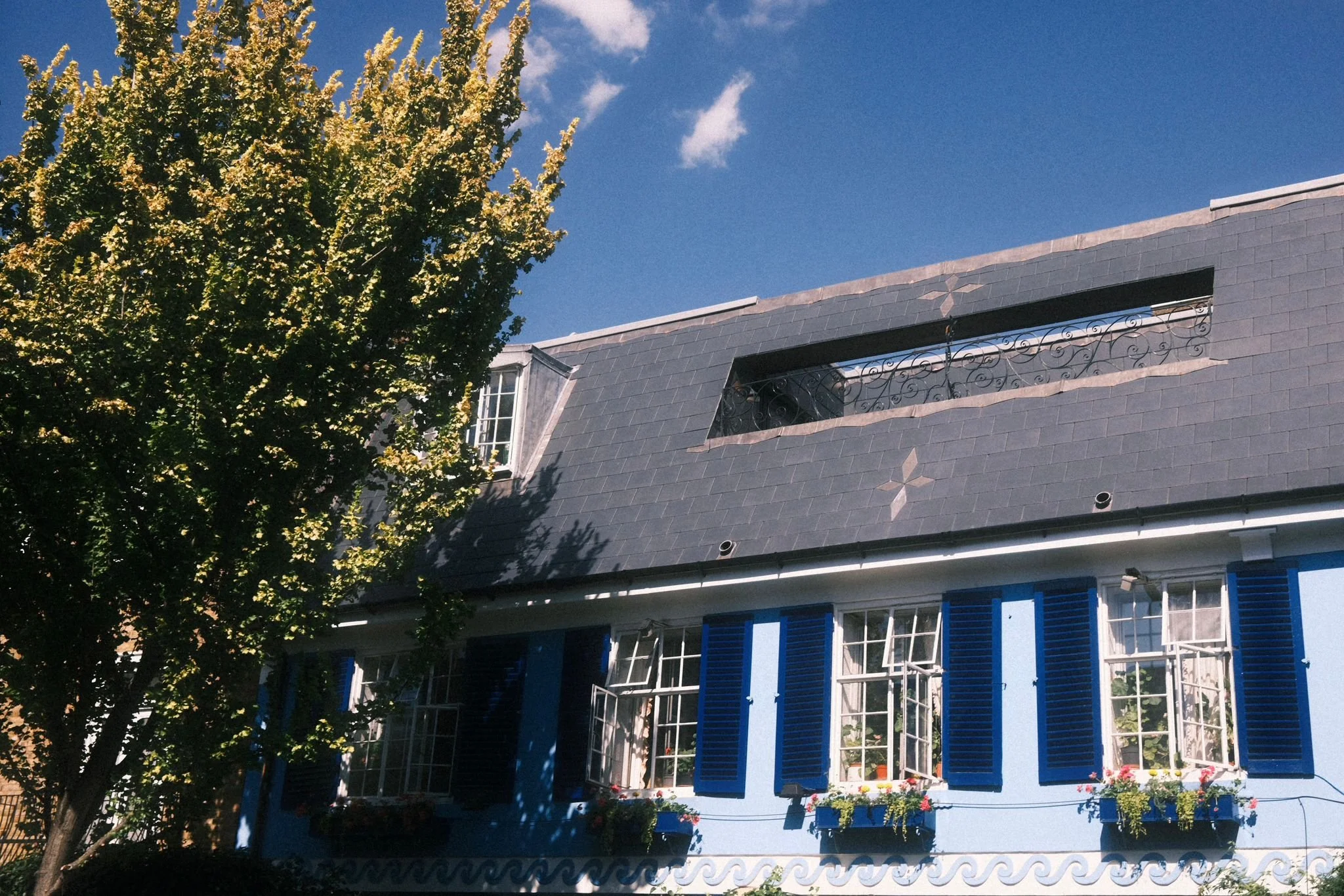 A blue house with white window shutters and flower boxes, a large tree on the left, and a clear blue sky in the background.