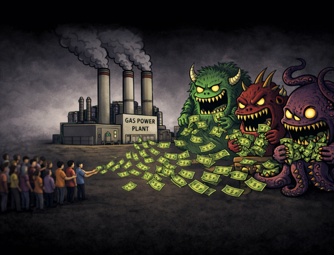 Cartoon illustration of a group of people handing money to three monster-like creatures outside a gas power plant. The monsters are large, fierce-looking with sharp teeth, horns, and tentacles, and are depicted as greedily grabbing cash.
