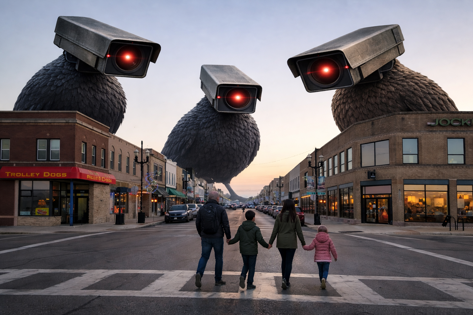 People crossing a street while giant birds with security cameras for heads loom over the buildings.
