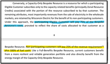 Text about Capacity-Only Bespoke Resources, participant costs, non-participating customers, and fuel costs, with highlighted phrases in blue, green, yellow, and purple.