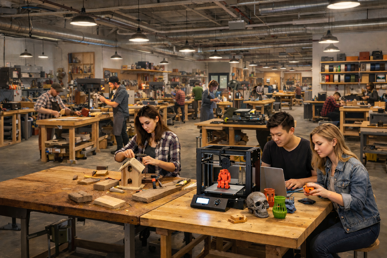 People working on projects in the makerspace