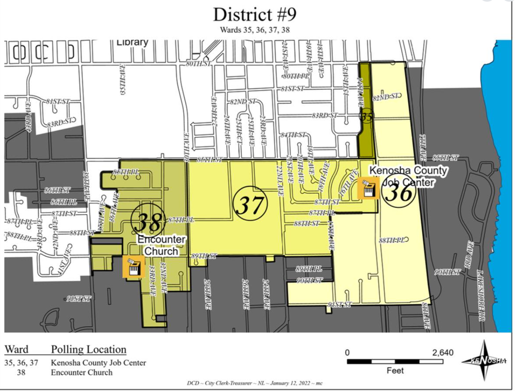 Map of District #9 in Kenosha County showing polling locations for wards 35, 36, 37, and 38.