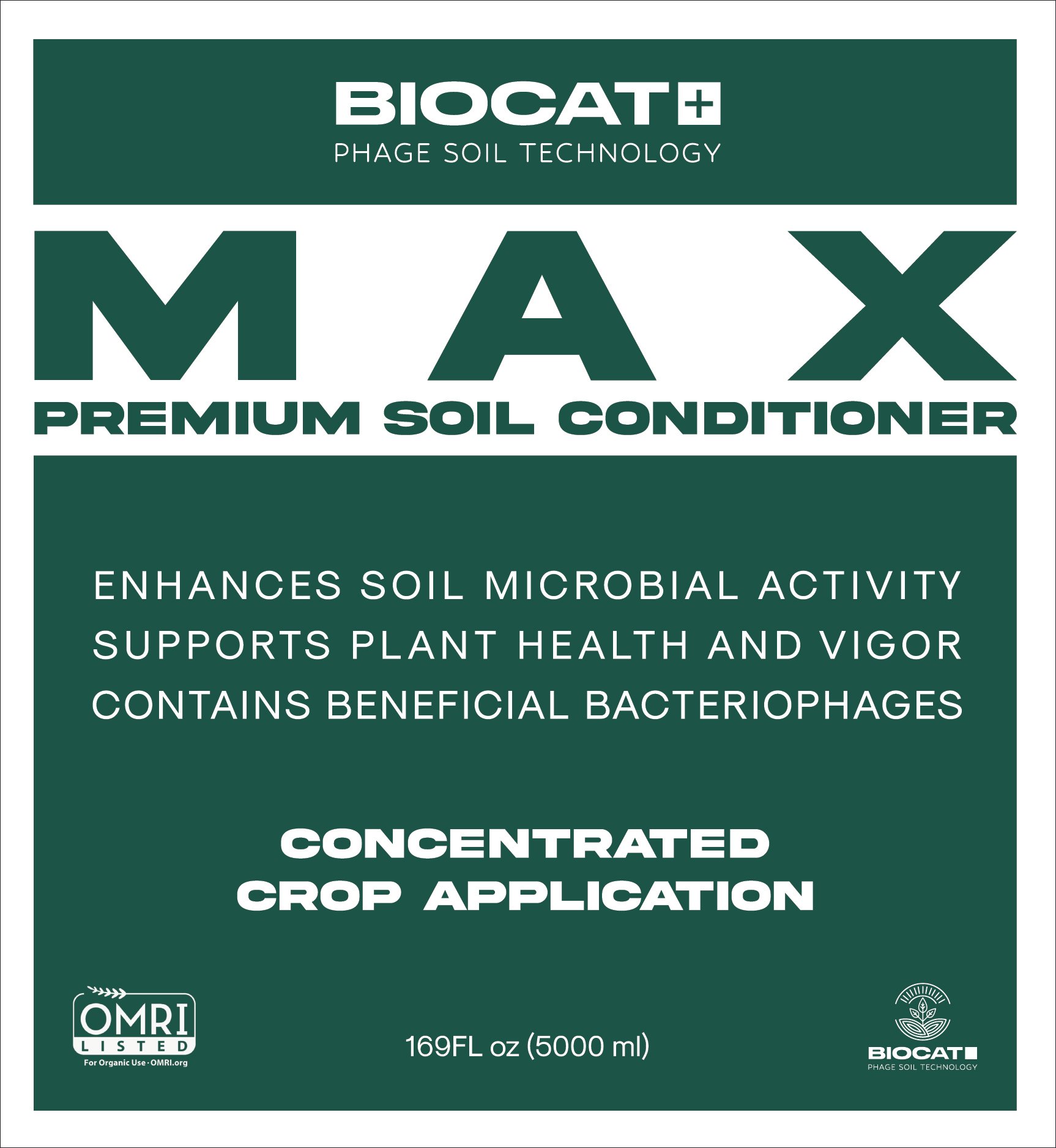 Packaging label for Biocat Max premium soil conditioner, featuring product benefits and volume.