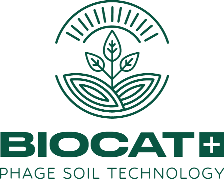 Logo for Biocat Phage Soil Technology featuring a circle with a plant and soil roots, and the text 'BIOCAT' and 'PHAGE SOIL TECHNOLOGY' underneath.