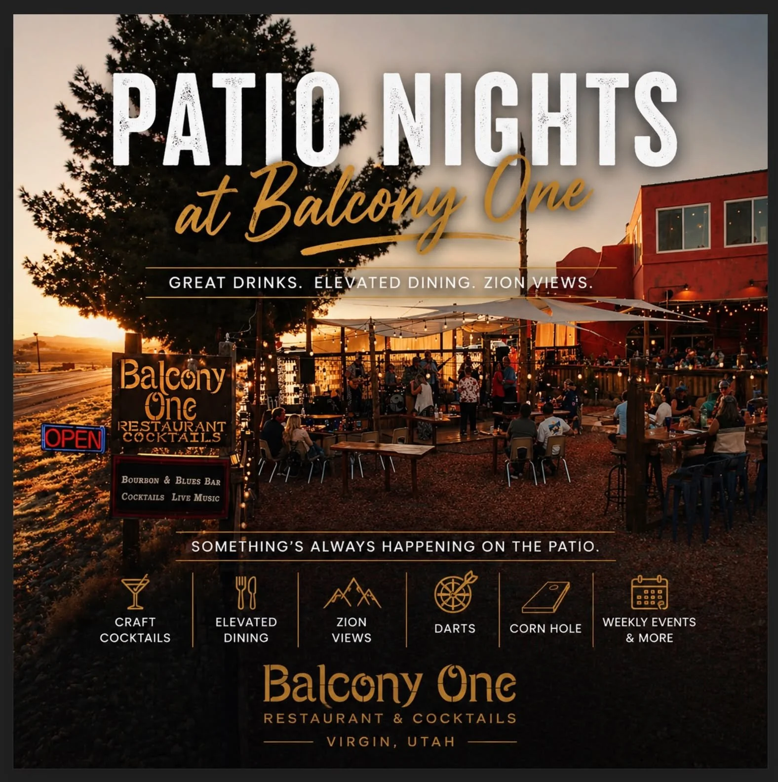 Patio season is on.

Live music, rotating events, craft cocktails, darts, cornhole, and Zion sunsets all in one place.

If you&rsquo;re looking for something to do after a day exploring Southern Utah, this is it!

See what&rsquo;s happening this week