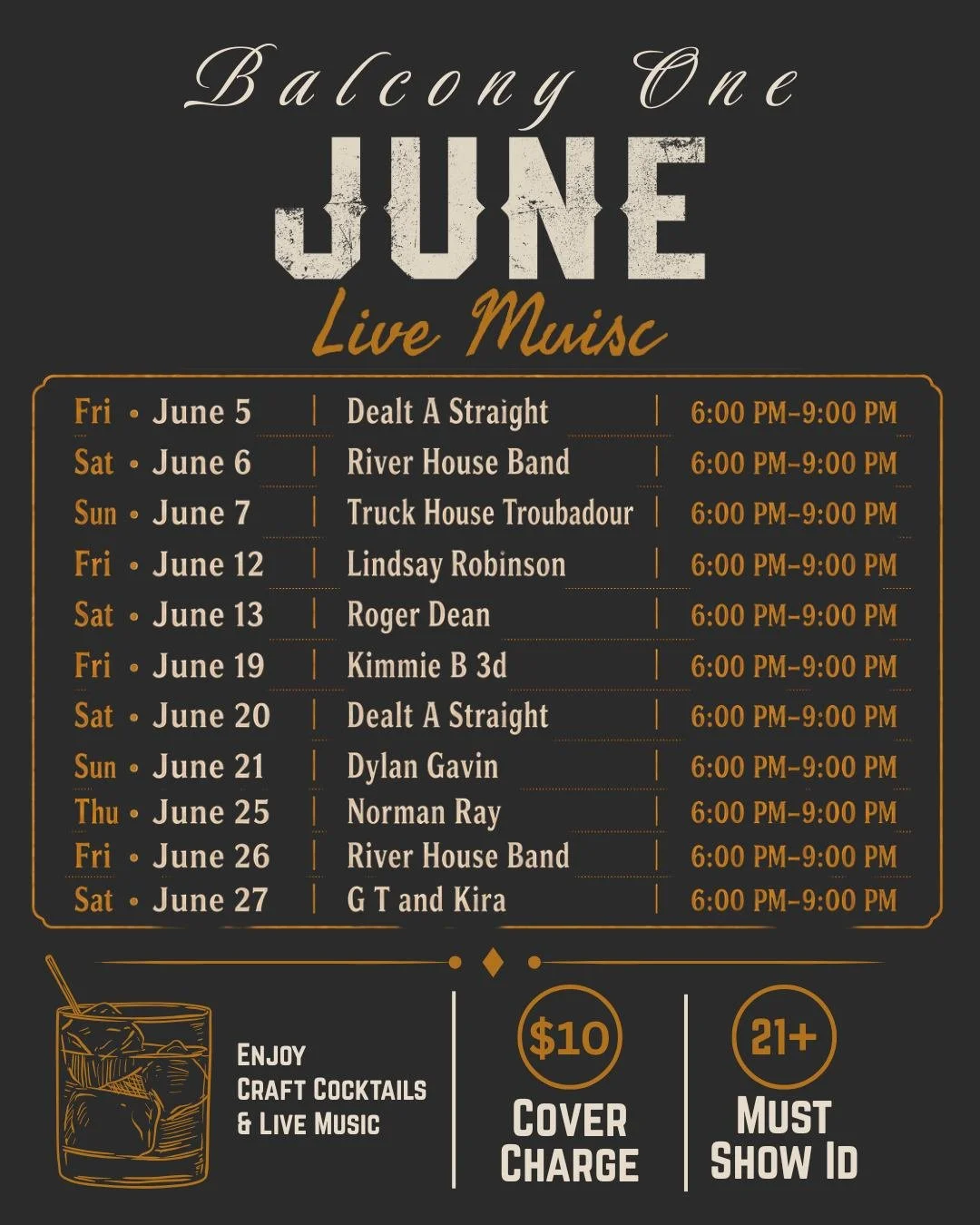 June nights were made for live music on the patio.

Join us this month at Balcony One&rsquo;s Bourbon &amp; Blues Bar for local live music, craft cocktails, great food, and warm Southern Utah evenings.

All shows are 6:00 PM to 9:00 PM
$10 cover char