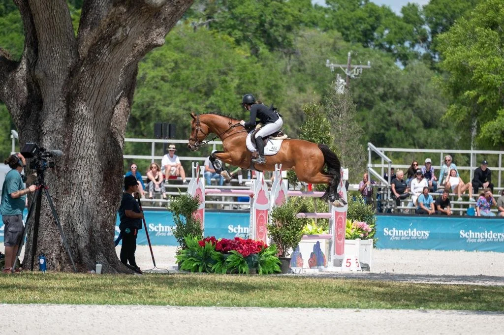 Bryn Sadler riding Catch the Dollar in a Grand Prix at HITS Ocala with the iconic HITS tree in the background