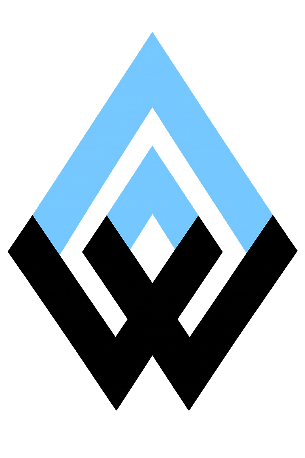 A geometric logo with layered blue arrows pointing upward, creating a symmetrical, stylized arrow shape against a black background.