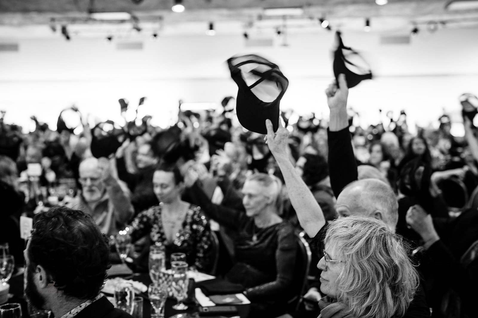 A room full of Missoula Art Museum supporters wave hats in the air in celebration.