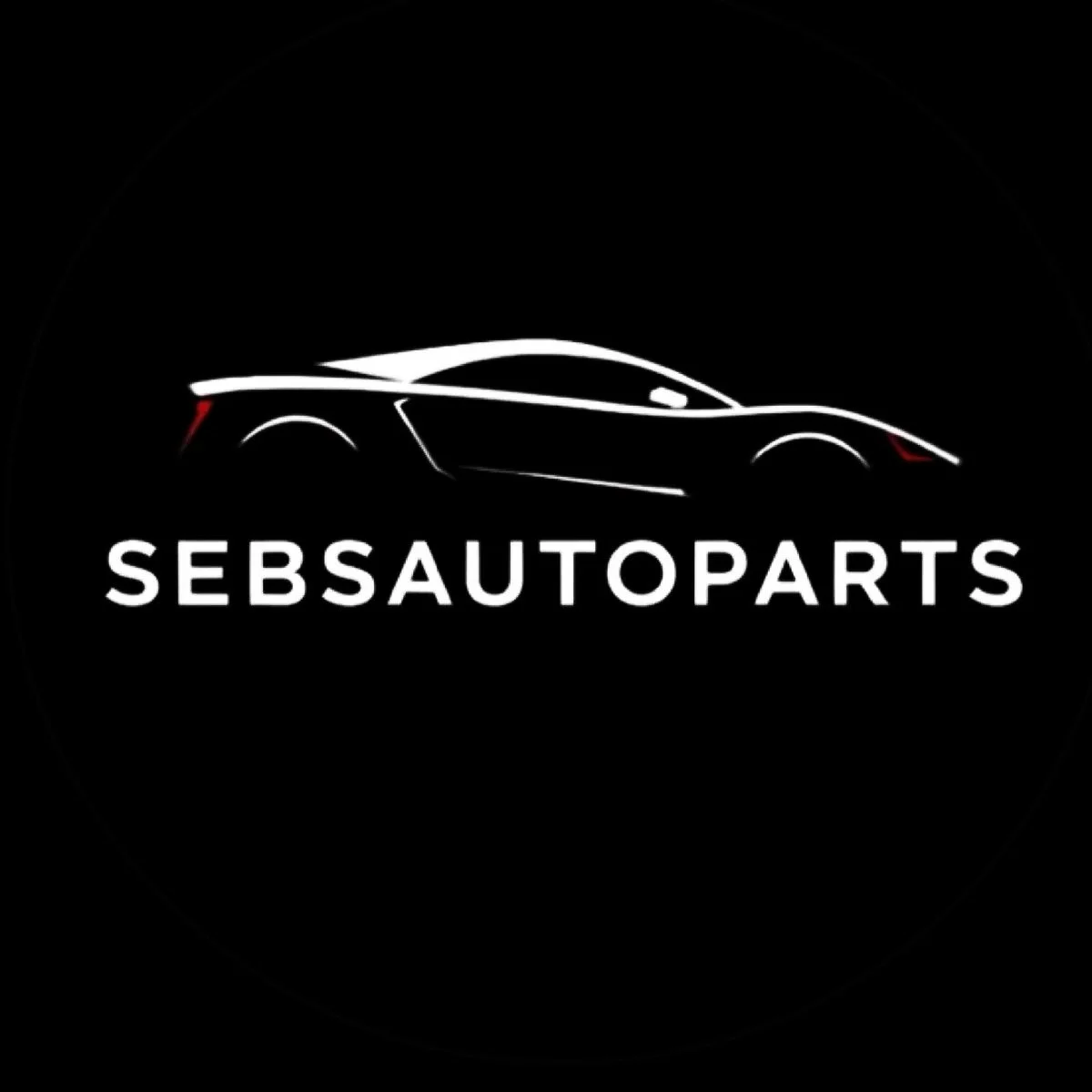 Logo of SebsAutoParts with a sleek black and white car outline and red tail lights on a black background.