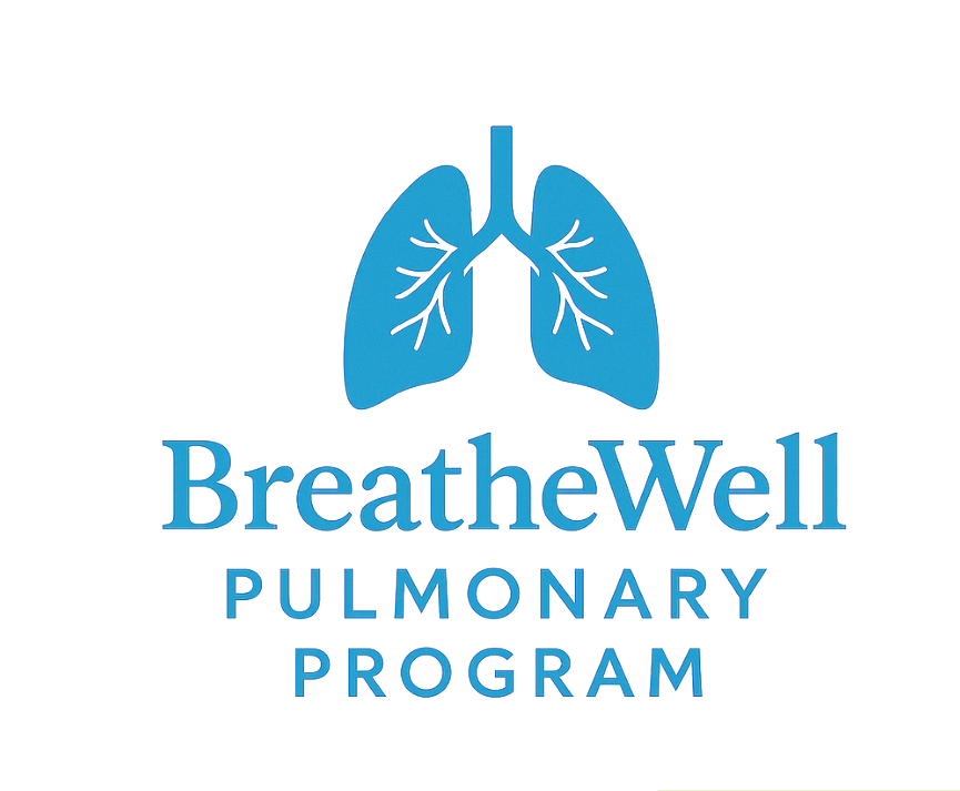Logo for BreatheWell Pulmonary Program featuring blue lungs and lung branches with the text 'BreatheWell Pulmonary Program'