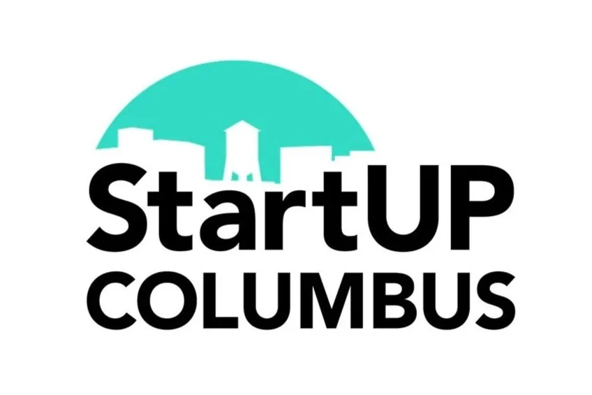 Logo for StartUp Columbus with a teal circle featuring a city skyline and a rocket silhouette, and the text 'StartUp Columbus' in bold black letters.