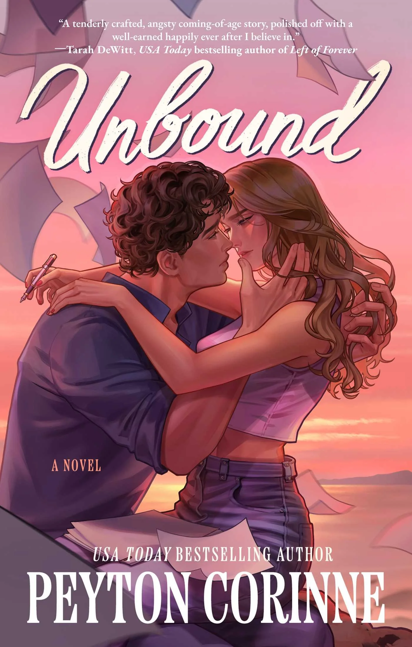 Paperback cover of UNBOUND by Peyton Corinne. Illustration of a couple embracing in front of a sunset with papers flying around them.