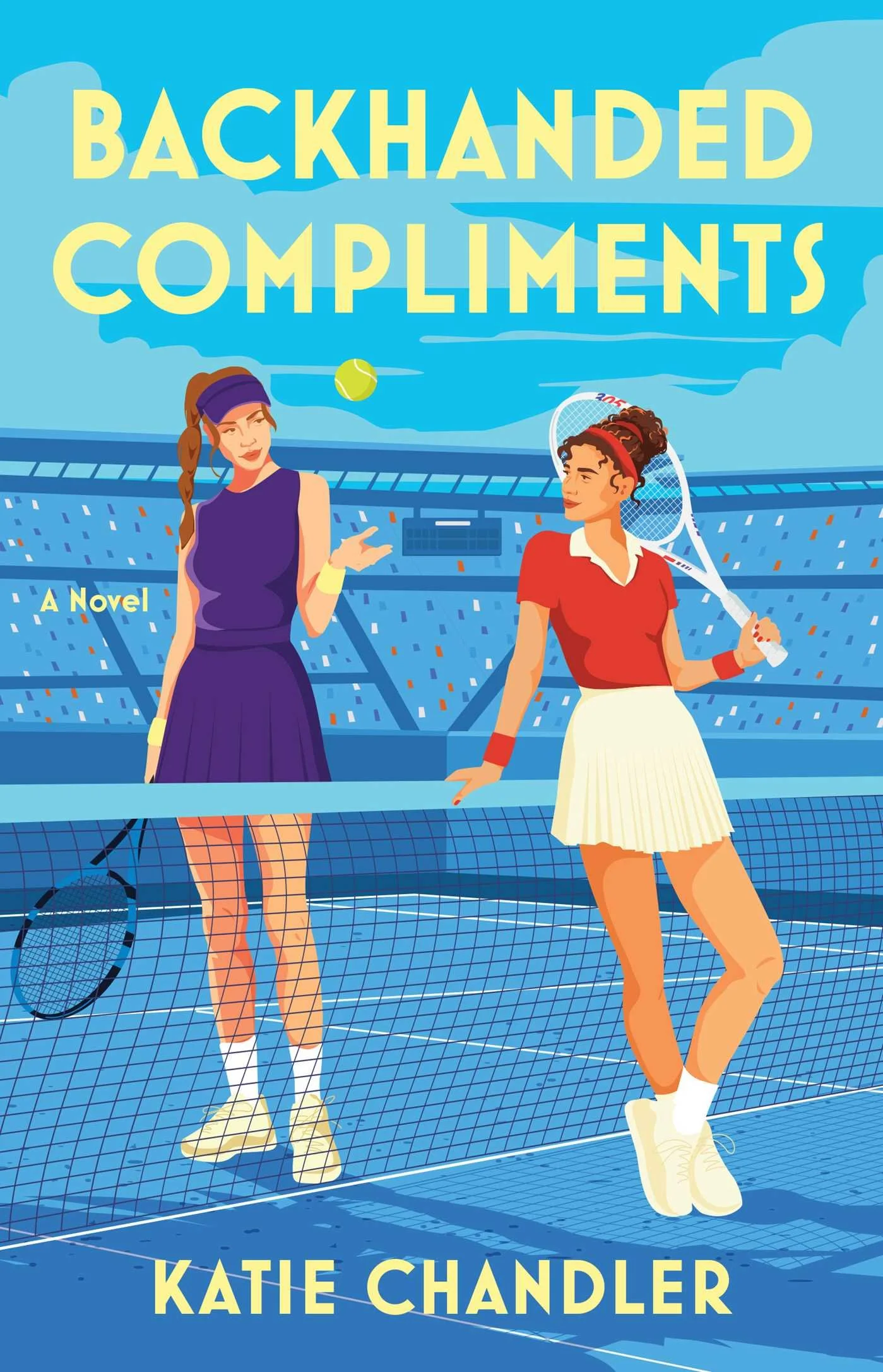 Paperback cover for BACKHANDED COMPLIMENTS by Katie Chandler. Two female tennis players face each other over a net, one white and tossing a ball in the air, the other bronzed with curly hair and a racket over her shoulder.