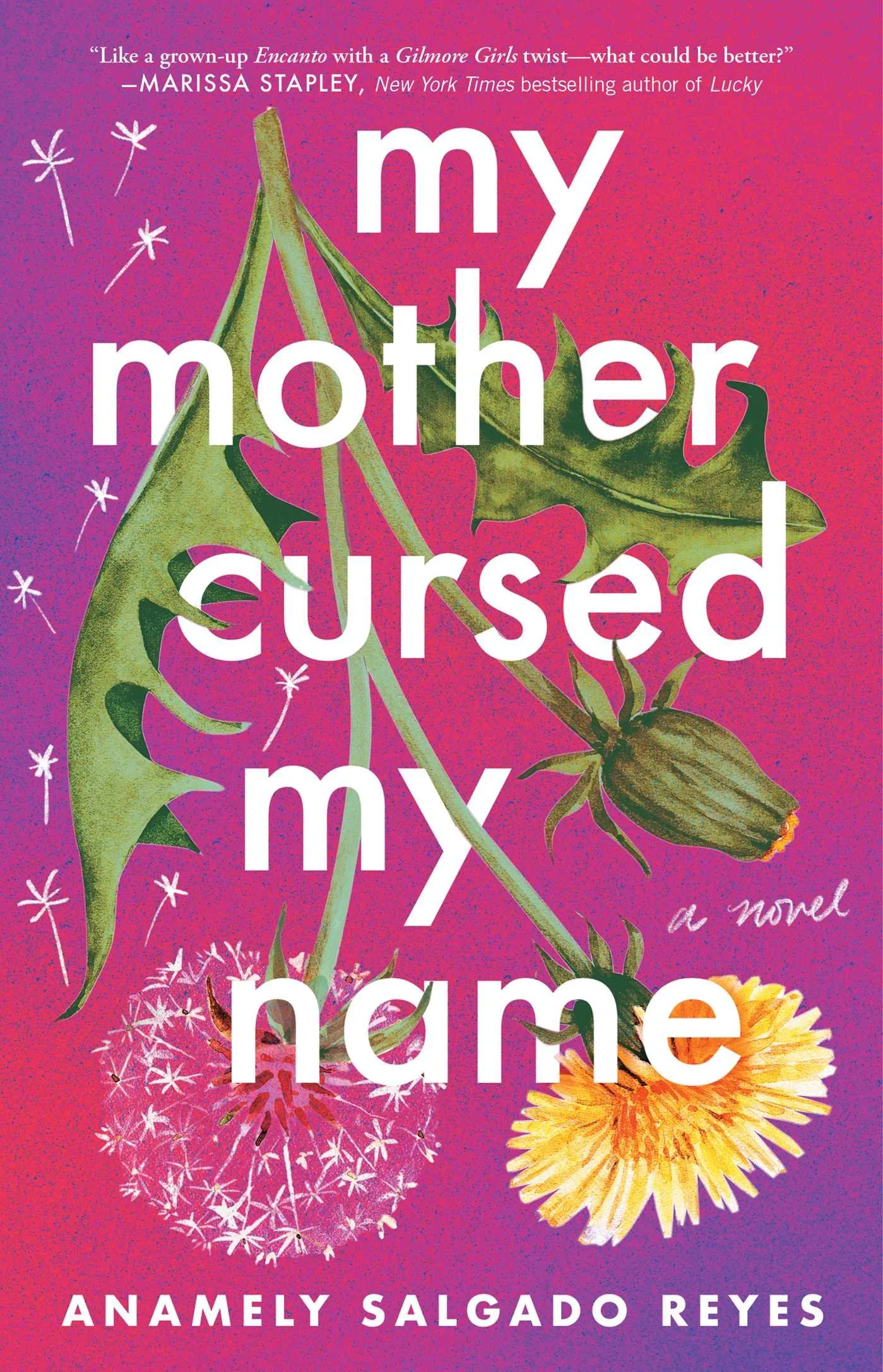 An upside-down dandelion plant branching into a bud, a flower, and seed puff illustrated over an ombre purple to pink backdrop with more dandelion seeds scattered along the lefthand side of the cover with white font for the text.