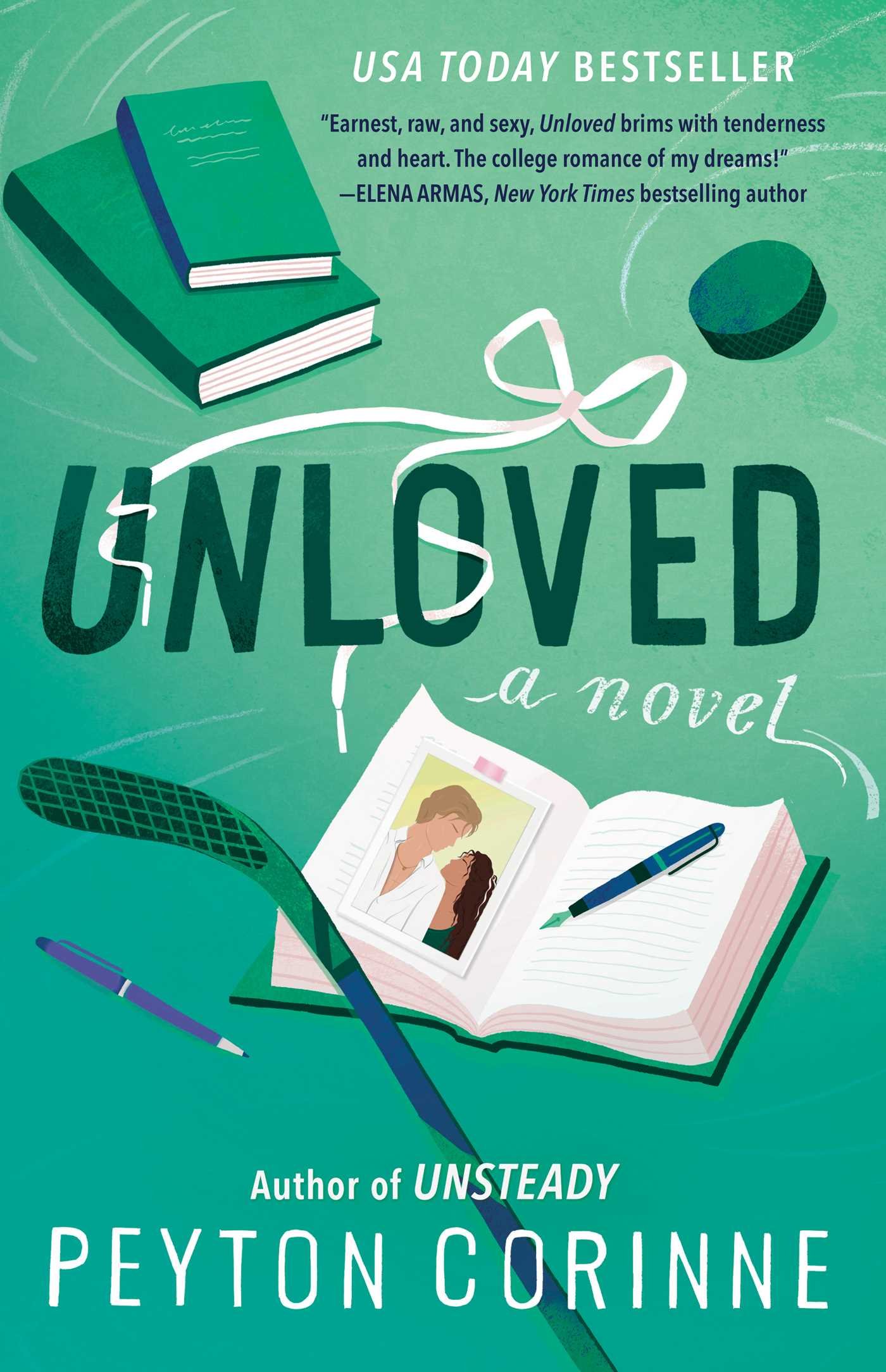 Paperback cover of UNLOVED by Peyton Corinne. A hockey puck and stick, a stack of books and an open book, and a white shoelace tied in a bow feature over a green ombre background, along with pens and a polaroid of a couple looking at each other.