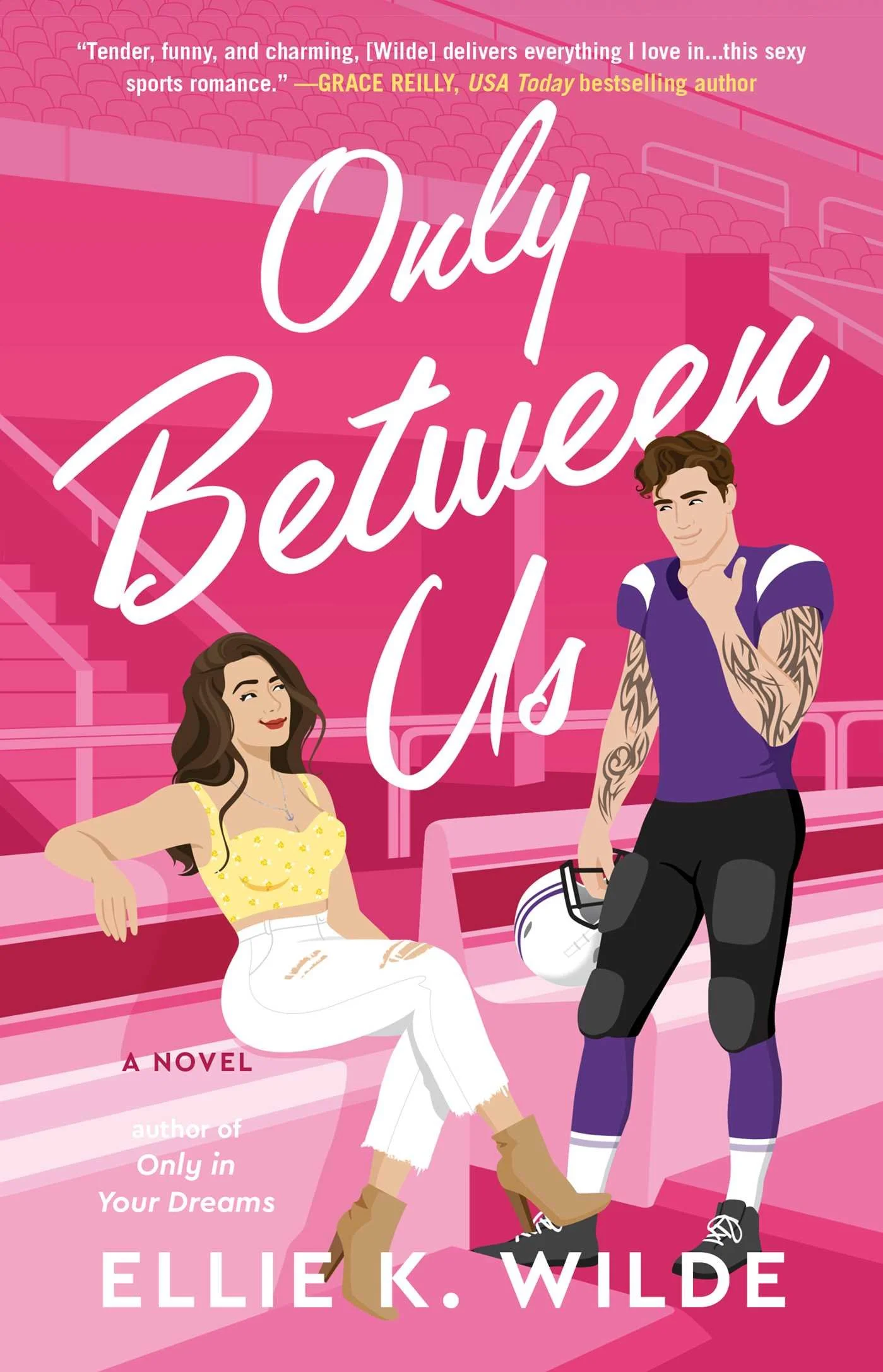 Paperback cover of ONLY BETWEEN US by Ellie K. Wilde. Illustration of a football player and a woman sitting in front of him in front of a magenta background of stadium stands.