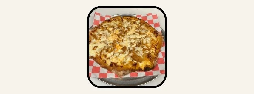 Buffalo chicken pizza with blue cheese and wood-fired crust at Short Street Patio Bar in Lockport NY
