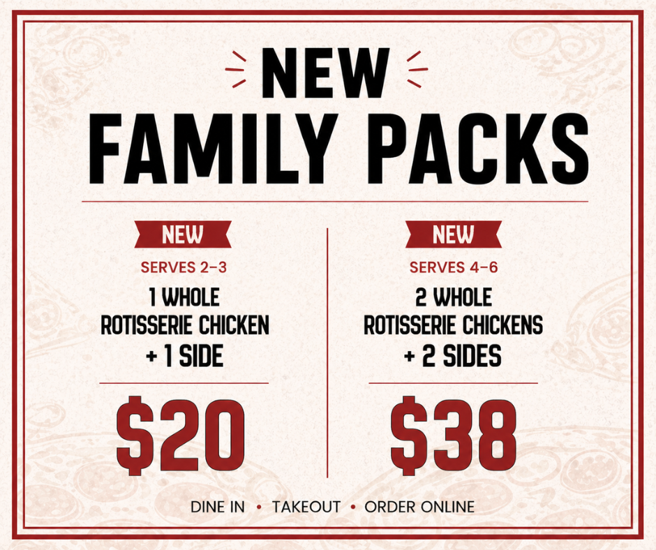 Rotisserie chicken family pack with whole chickens and sides, ready for takeout in Lockport NY
