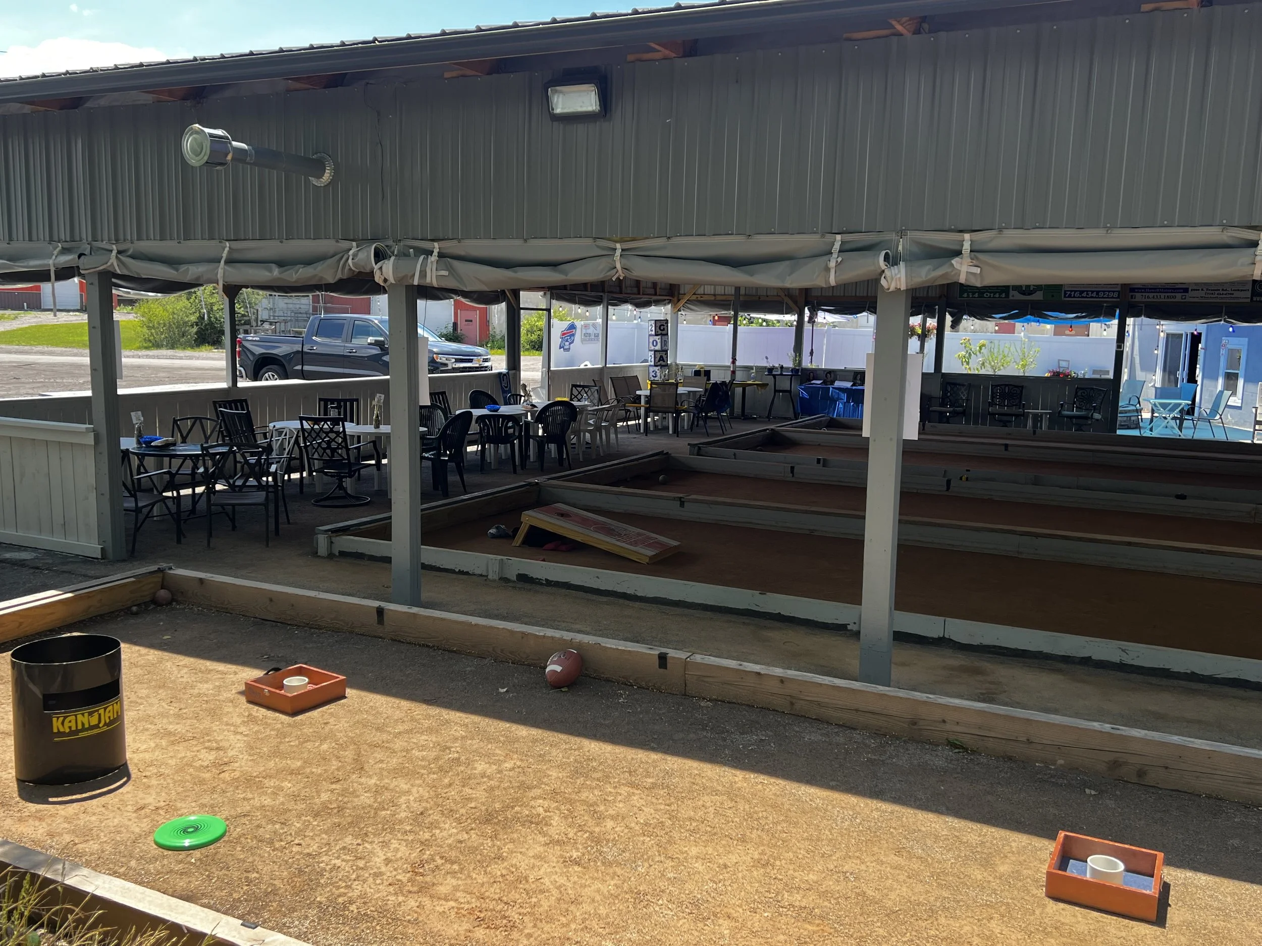 Bocce courts and covered event space for private parties at Short Street Patio Bar in Lockport, NY.