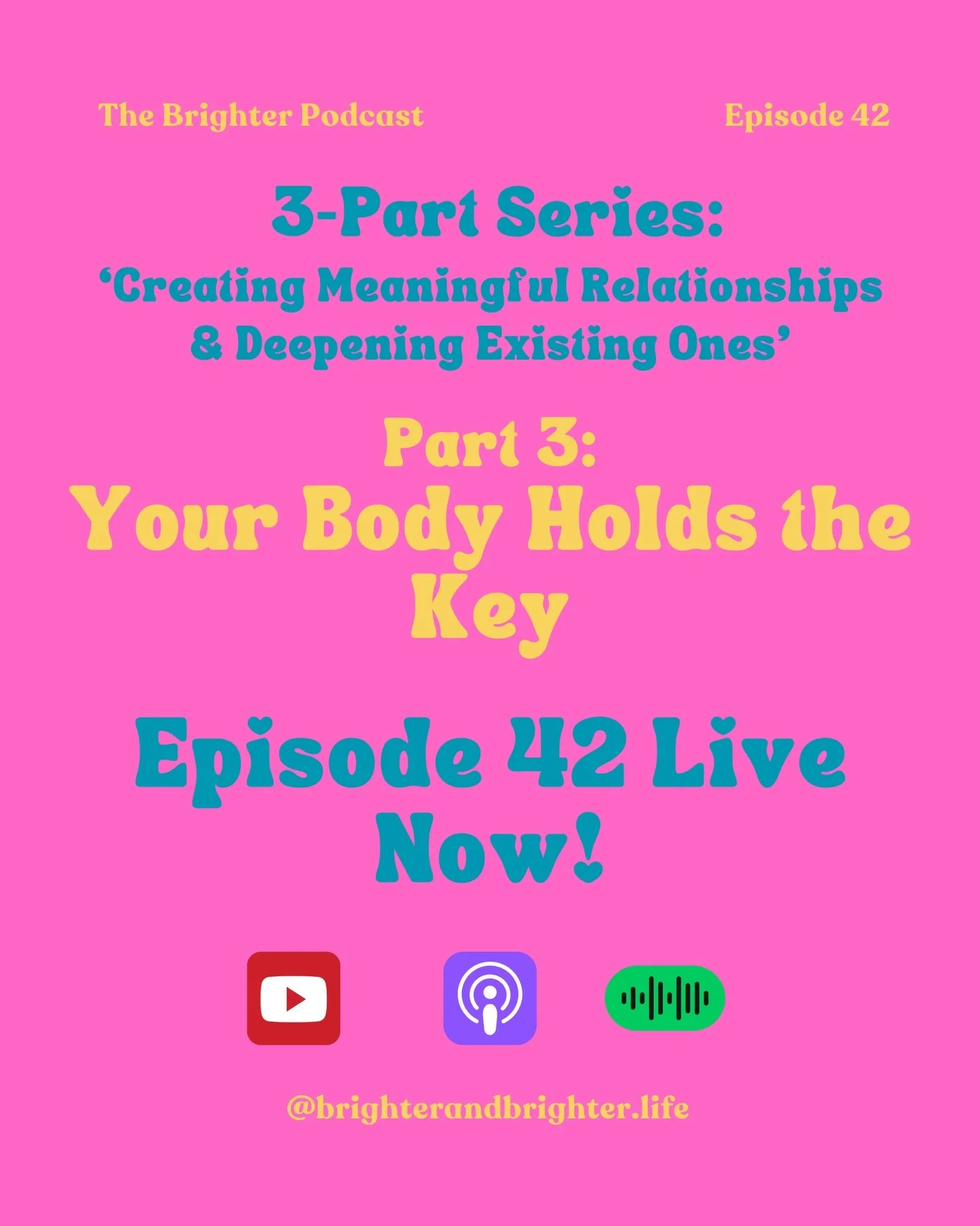 Hooray 🎉 Episode 42 is LIVE! 

When we connect deeply with our bodies, everything shifts &mdash; including how we connect with others.

Hear us talk self-trust, pleasure, and the power of knowing yourself first. 🥳

#TheBrighterPodcast
#LifeGetsBrig