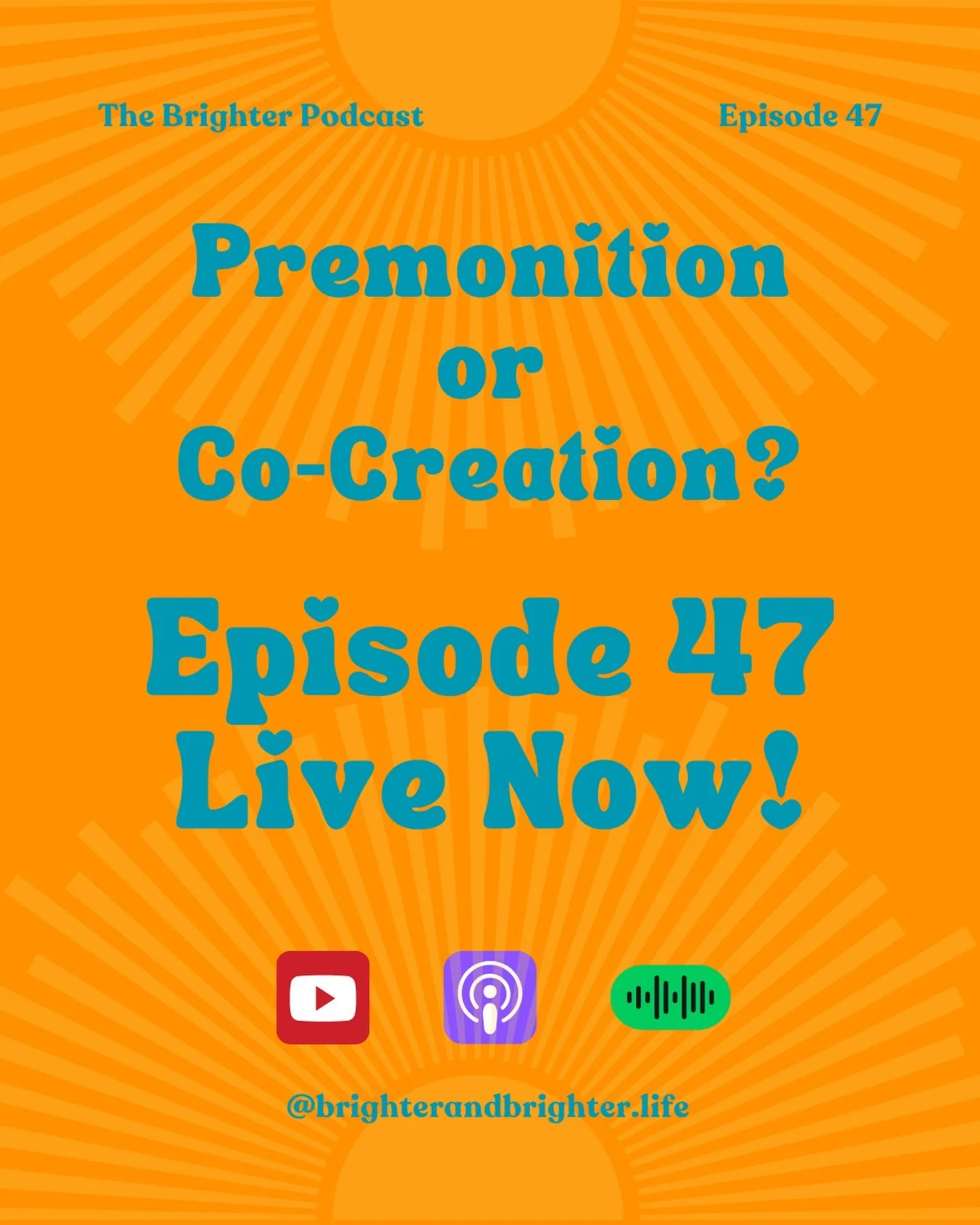 Premonition or Co-Creation? is LIVE.

We talk &ldquo;manifestation,&rdquo; nervous systems, subconscious patterning, emotional release &amp; the space between fear and intuition.

🎧 Episode 47 is streaming now on all platforms.

#TheBrighterPodcast
