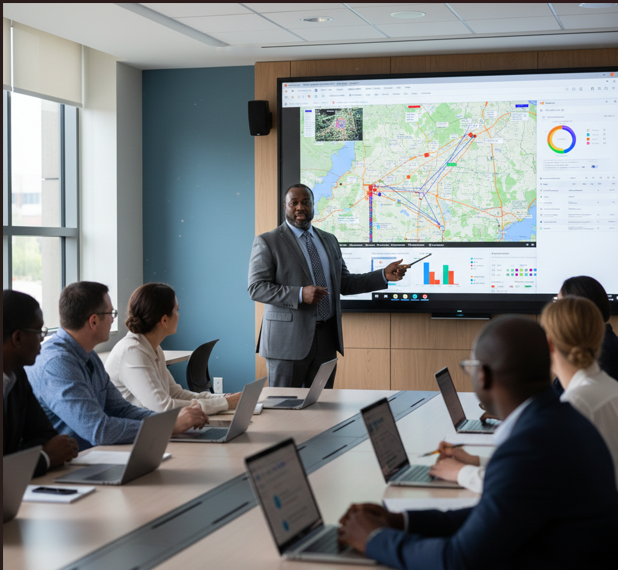 Un homme en costume noir donne une présentation dans une salle de réunion avec un grand écran affichant une carte et des graphiques, tandis que plusieurs personnes assises avec des ordinateurs portables écoutent.