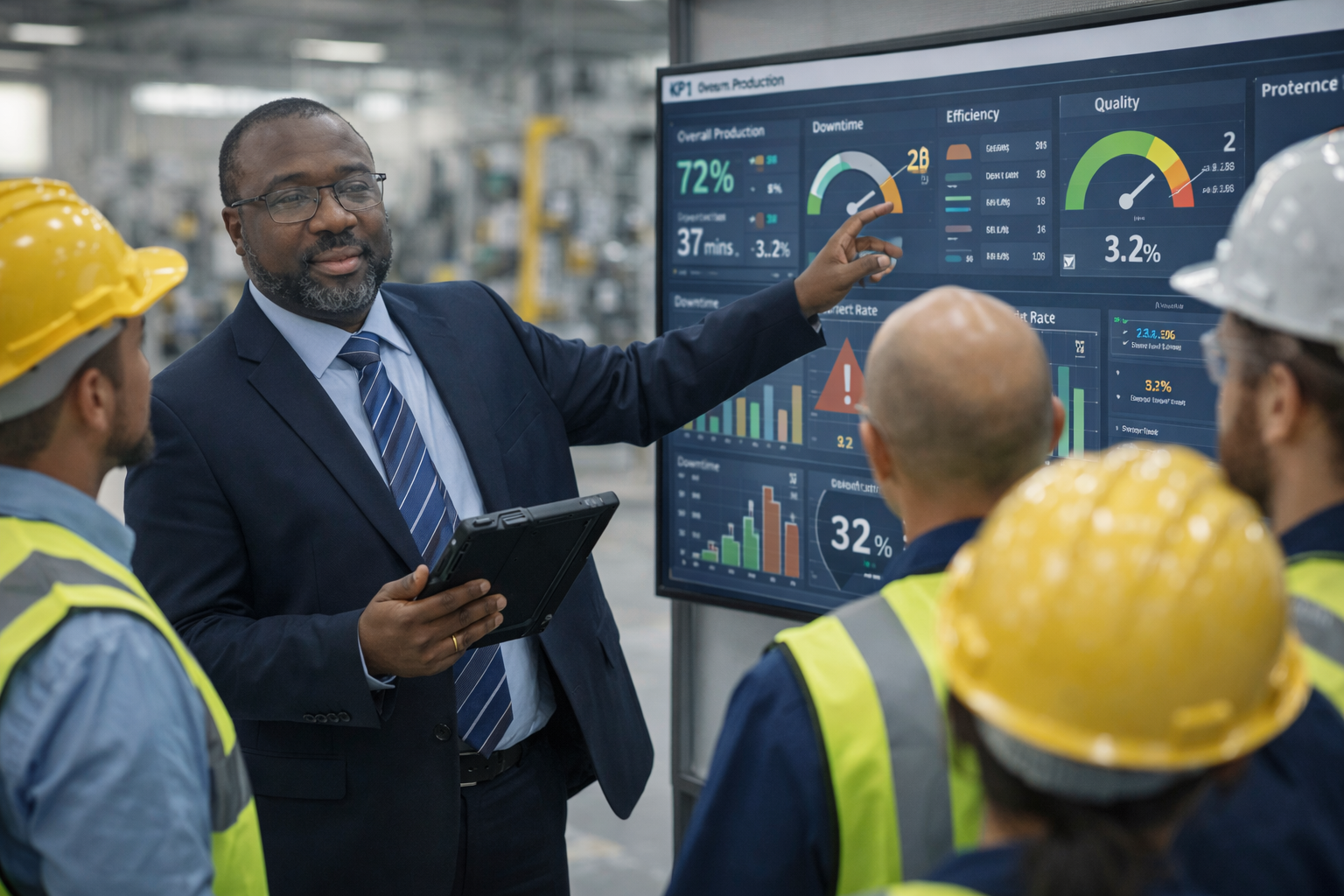 Un homme en costume explique des données sur un tableau de bord numérique à un groupe de travailleurs avec des casques de sécurité dans une usine.