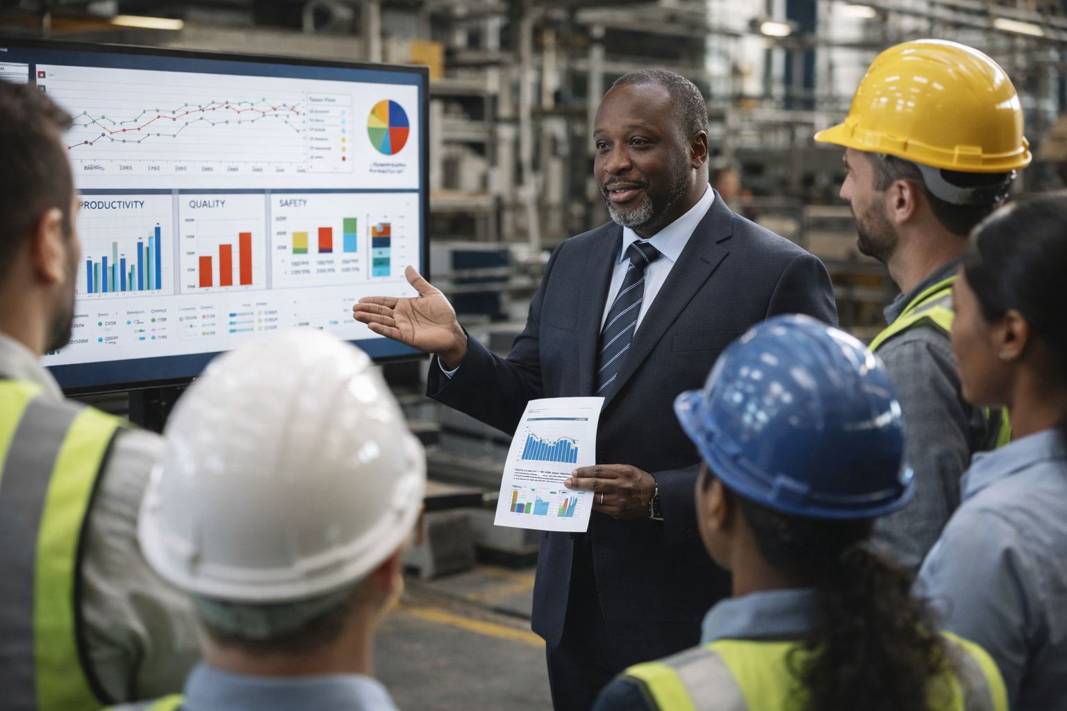 Un homme d'affaires fait une présentation à un groupe de travailleurs dans une usine, avec des graphiques affichés en arrière-plan.