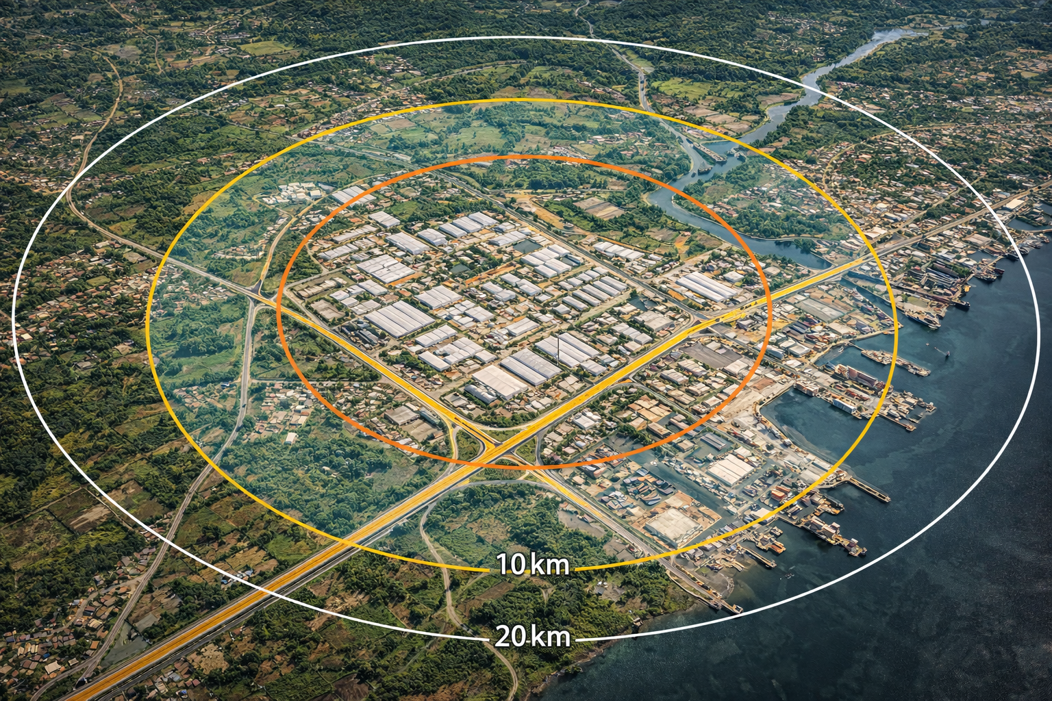 Vue aérienne d'une zone urbaine avec des cercles concentriques marquant des distances de 10 km et 20 km, incluant des zones résidentielles, industrielles, et un port en bord de mer.