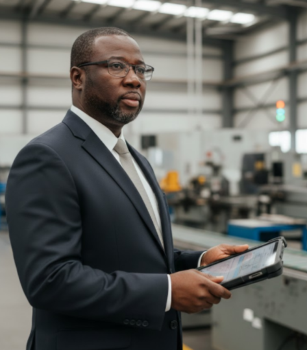 Homme en costume dans une usine ou un entrepôt, tenant une tablette.