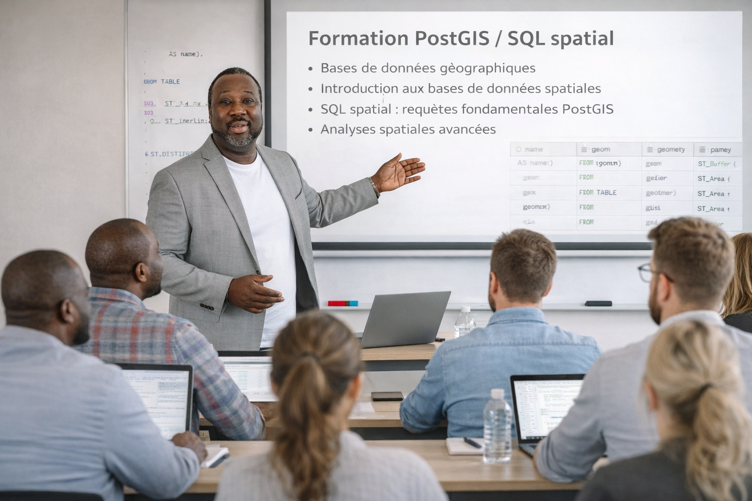 Un homme en costume donne une présentation à une classe devant un écran affichant un diaporama sur la formation PostGIS / SQL spatial, avec plusieurs personnes assises utilisant des ordinateurs portables.