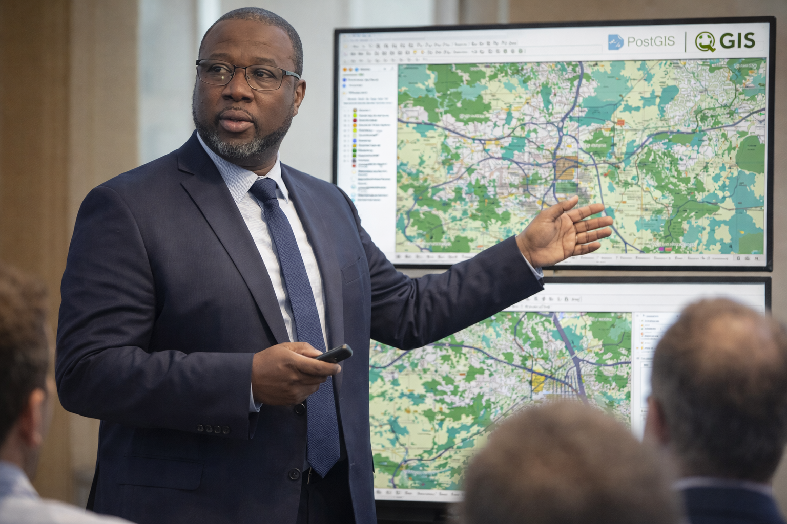 Un homme d'affaires noir en costume, portant des lunettes, donne une présentation devant deux écrans affichant des cartes géographiques et des données SIG, lors d'une réunion.