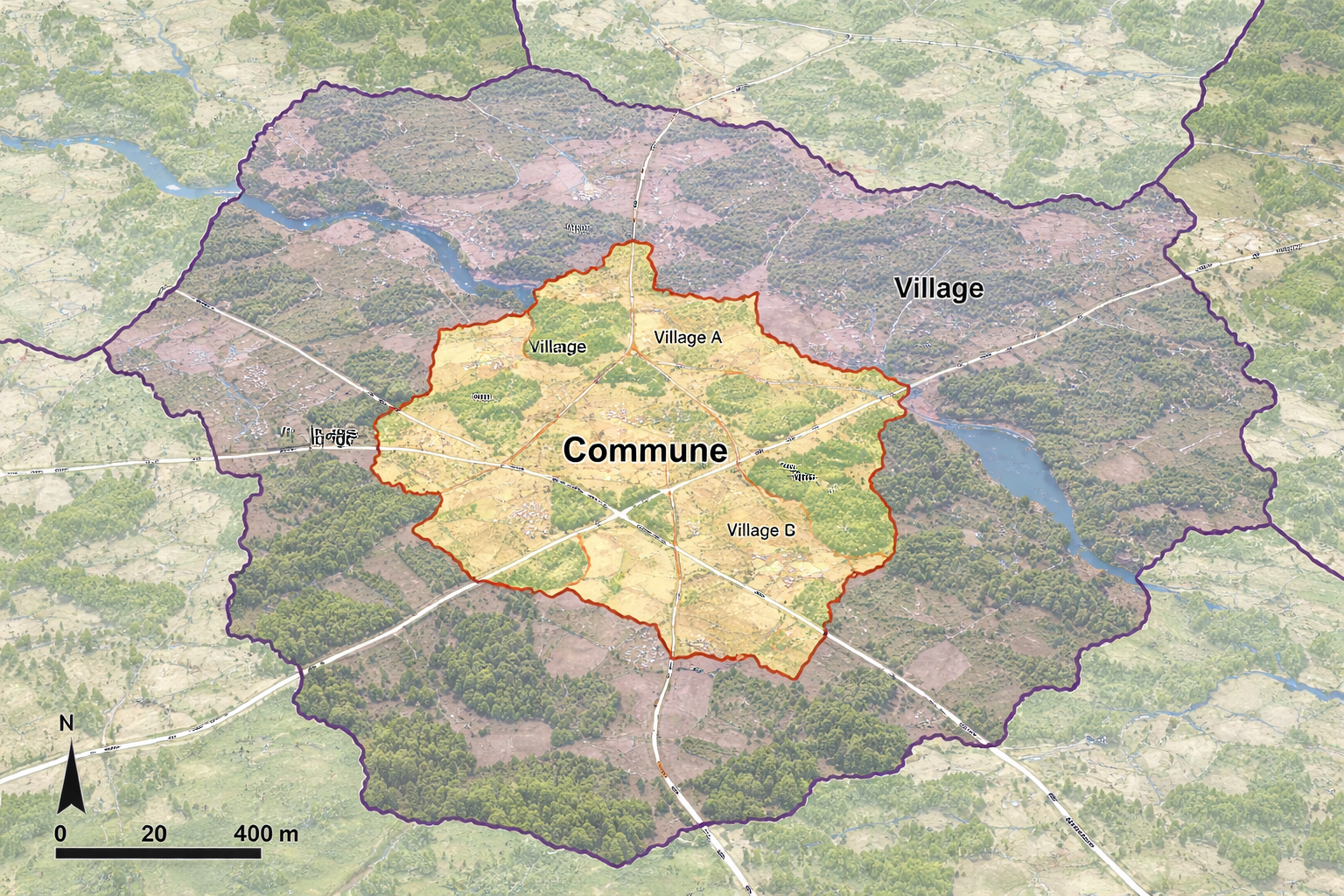 Carte montrant une commune et ses villages environnants, avec différentes frontières délimitant chaque zone et des routes, une rivière, et une échelle de distance à la base.