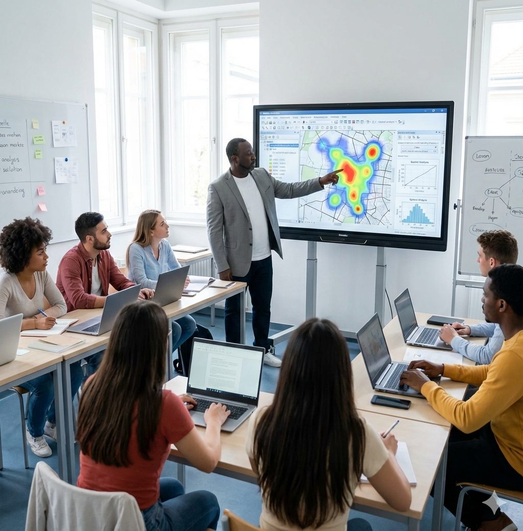Une personne fait une présentation à un groupe de personnes dans une salle de réunion, utilisant un grand écran pour afficher une carte avec un graphique en heatmap.
